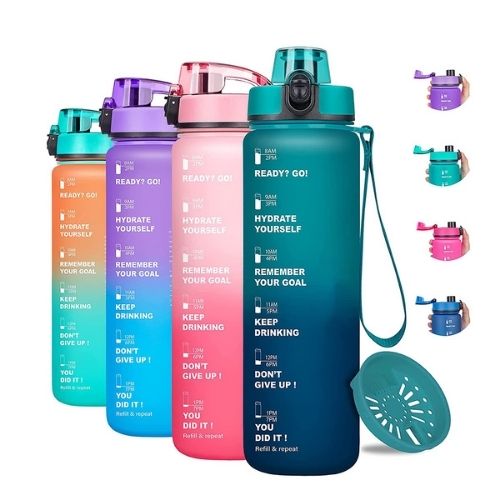 Motivational water bottle with straw and time tracking scale