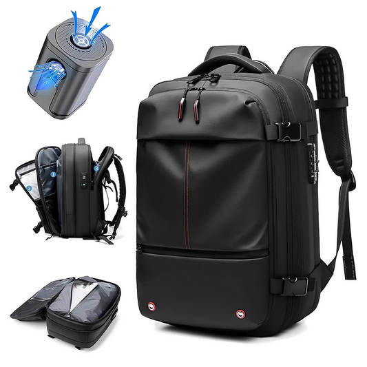 vacuum compression travel backpack with TSA lock and straps